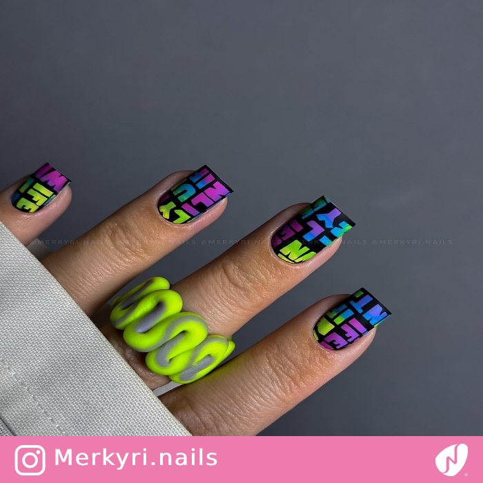 Pastel Neon Writing Stamp Nail Art